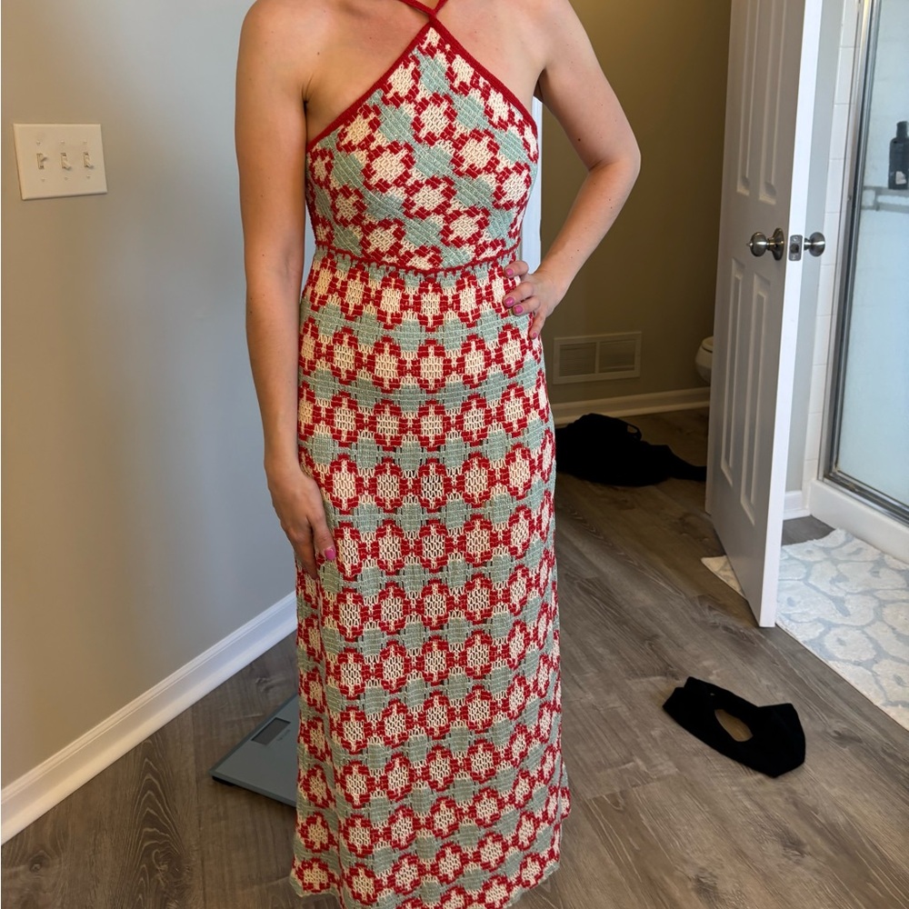 Zara Red and White Patterned Midi Dress